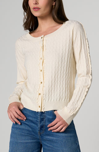 Liverpool Long Sleeve Button Front Cardigan Sweater w/ Ruffles Cream