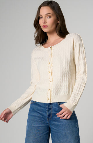 Liverpool Long Sleeve Button Front Cardigan Sweater w/ Ruffles Cream