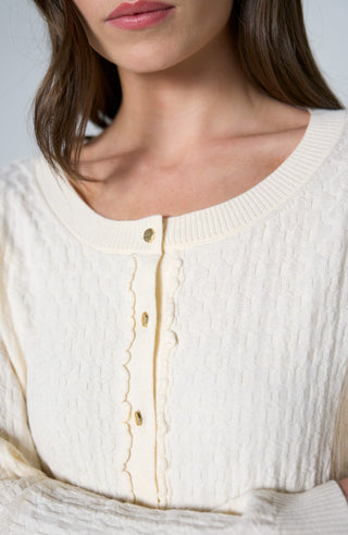 Liverpool Long Sleeve Button Front Cardigan Sweater w/ Ruffles Cream