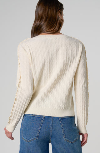 Liverpool Long Sleeve Button Front Cardigan Sweater w/ Ruffles Cream