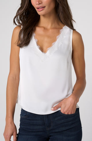 Liverpool V-Neck Woven Tank with Lace Trim Whipped Cream