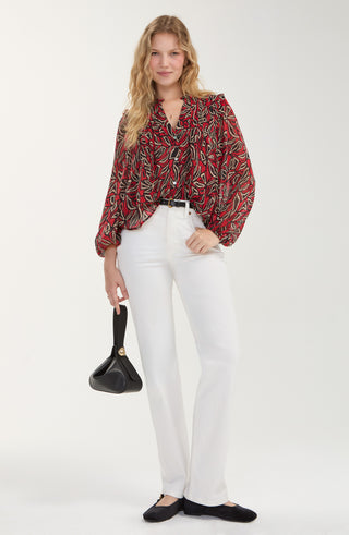 Liverpool Long Sleeve Woven Blouse with Pintucks Red/Black Multi