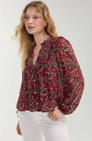 Liverpool Long Sleeve Woven Blouse with Pintucks Red/Black Multi