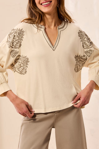 Tribal Embroidered 3/4 Raglan Sleeve Notch Neck Knit Top Moonstone