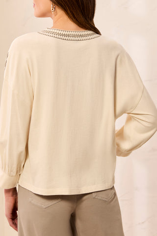 Tribal Embroidered 3/4 Raglan Sleeve Notch Neck Knit Top Moonstone