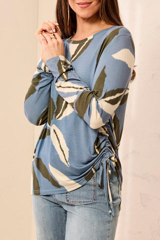 Tribal Ultra-Soft Long Sleeve Crew Neck Knit Top with Side Ruching Blue Fog