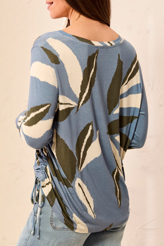 Tribal Ultra-Soft Long Sleeve Crew Neck Knit Top with Side Ruching Blue Fog
