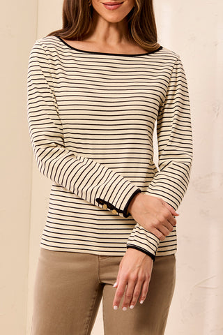 Tribal Striped Boat Neck Long Sleeve Knit Top With Button Cuffs Black