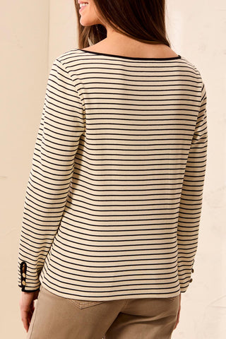 Tribal Striped Boat Neck Long Sleeve Knit Top With Button Cuffs Black