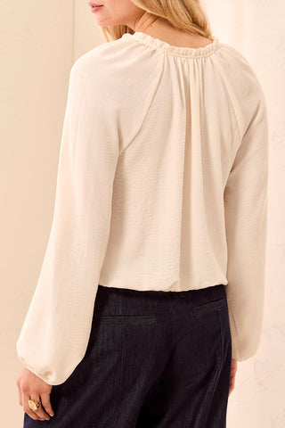 Tribal Flowy Long Puff Sleeves Notch Neck Tie Front Blouse Cream