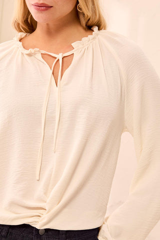 Tribal Flowy Long Puff Sleeves Notch Neck Tie Front Blouse Cream