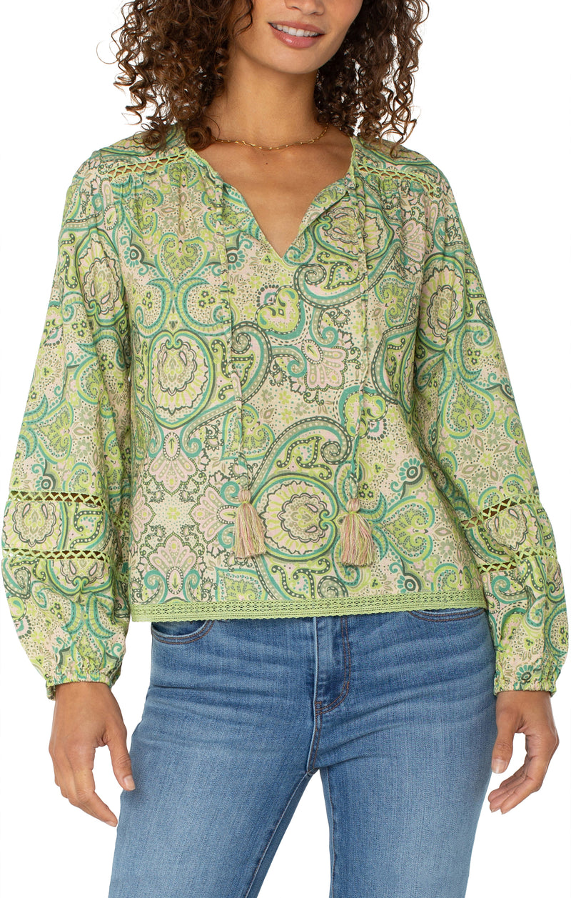 Liverpool Long Sleeve Shirred Woven Tie Front Top with Trim - Green Pink Paisley