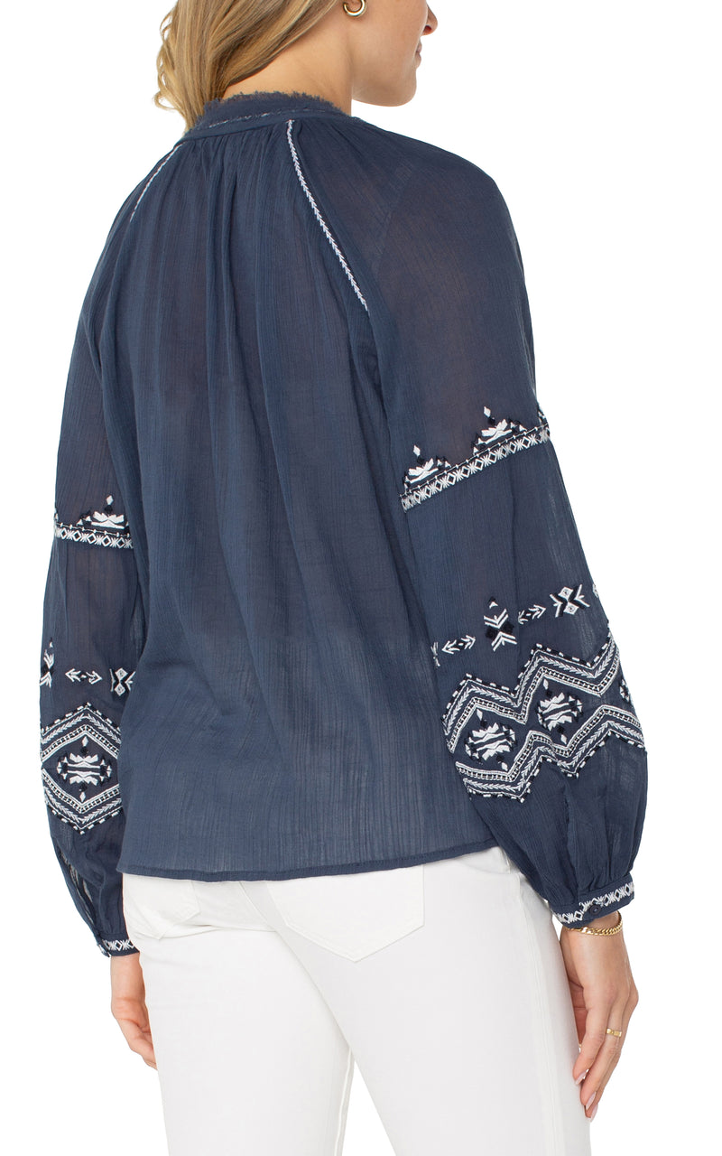 Liverpool Long Sleeve Raglan Woven Blouse with Embroidery - Blue