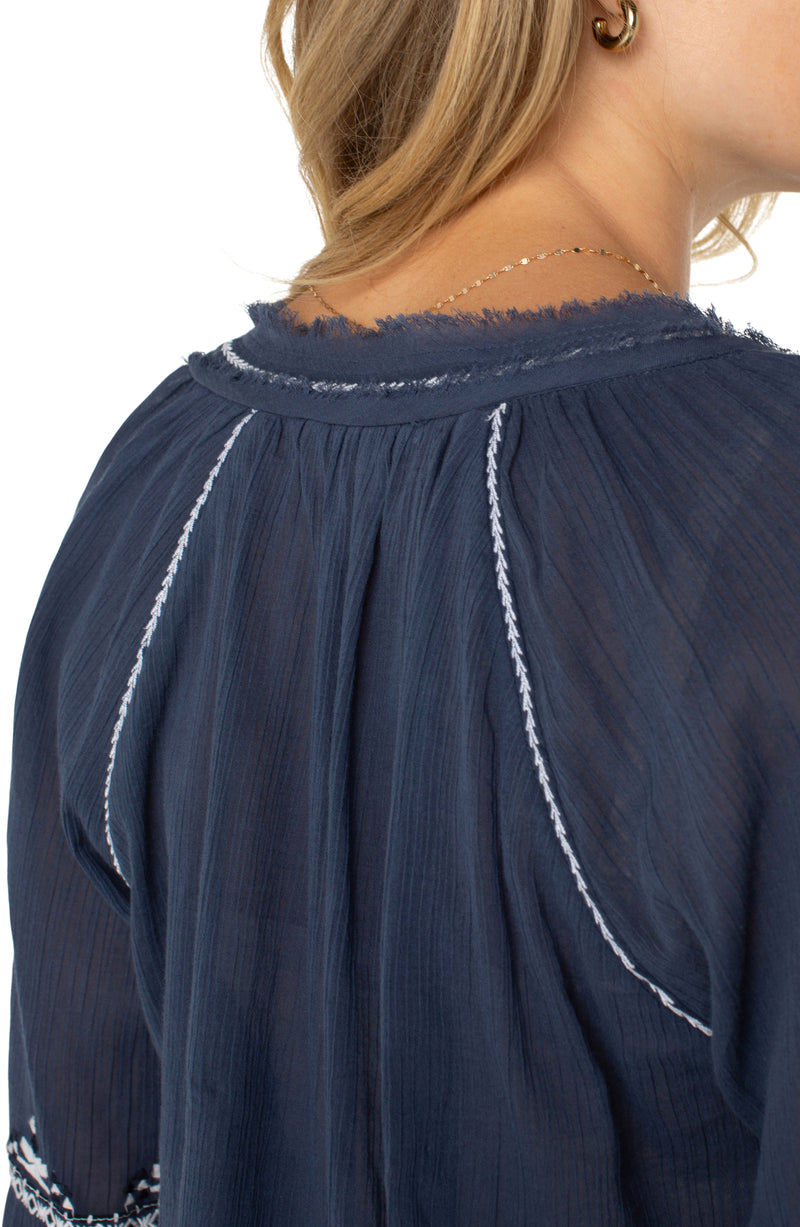 Liverpool Long Sleeve Raglan Woven Blouse with Embroidery - Blue