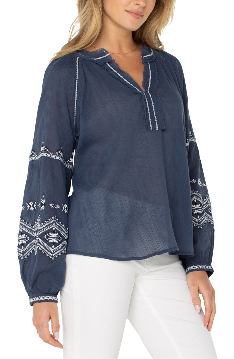 Liverpool Long Sleeve Raglan Woven Blouse with Embroidery - Blue