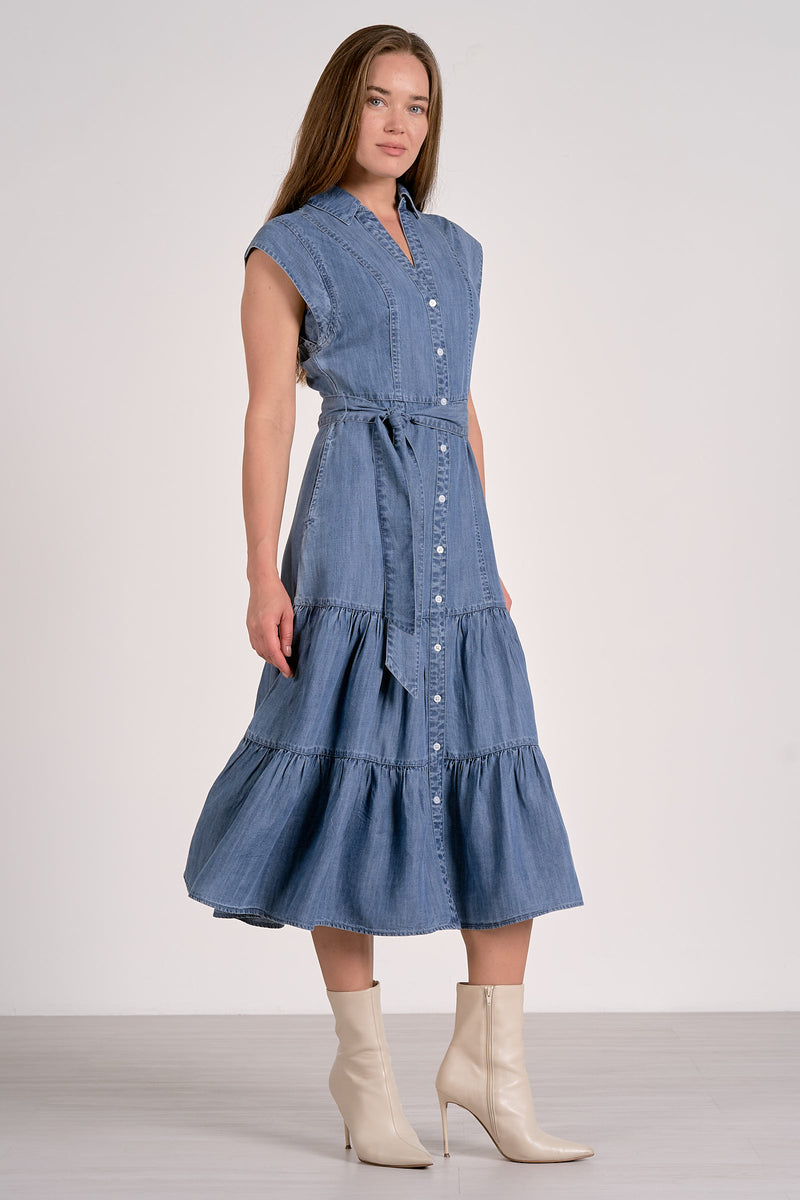 Denim Midi Cap Sleeve Dress - Dark Wash
