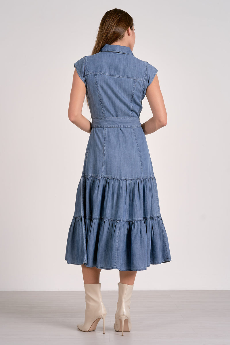Denim Midi Cap Sleeve Dress - Dark Wash
