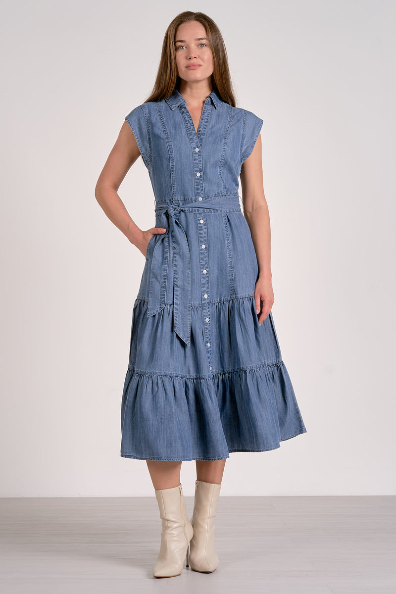 Denim Midi Cap Sleeve Dress - Dark Wash
