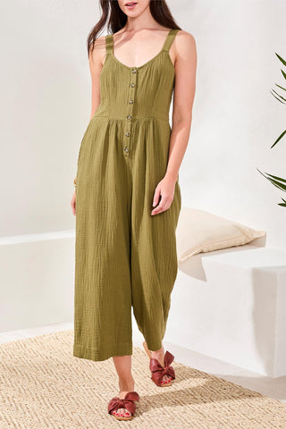 Tribal Crinkled Gauze Jumpsuit With Smocked Back - Rainforest