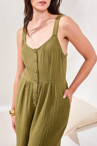 Tribal Crinkled Gauze Jumpsuit With Smocked Back - Rainforest