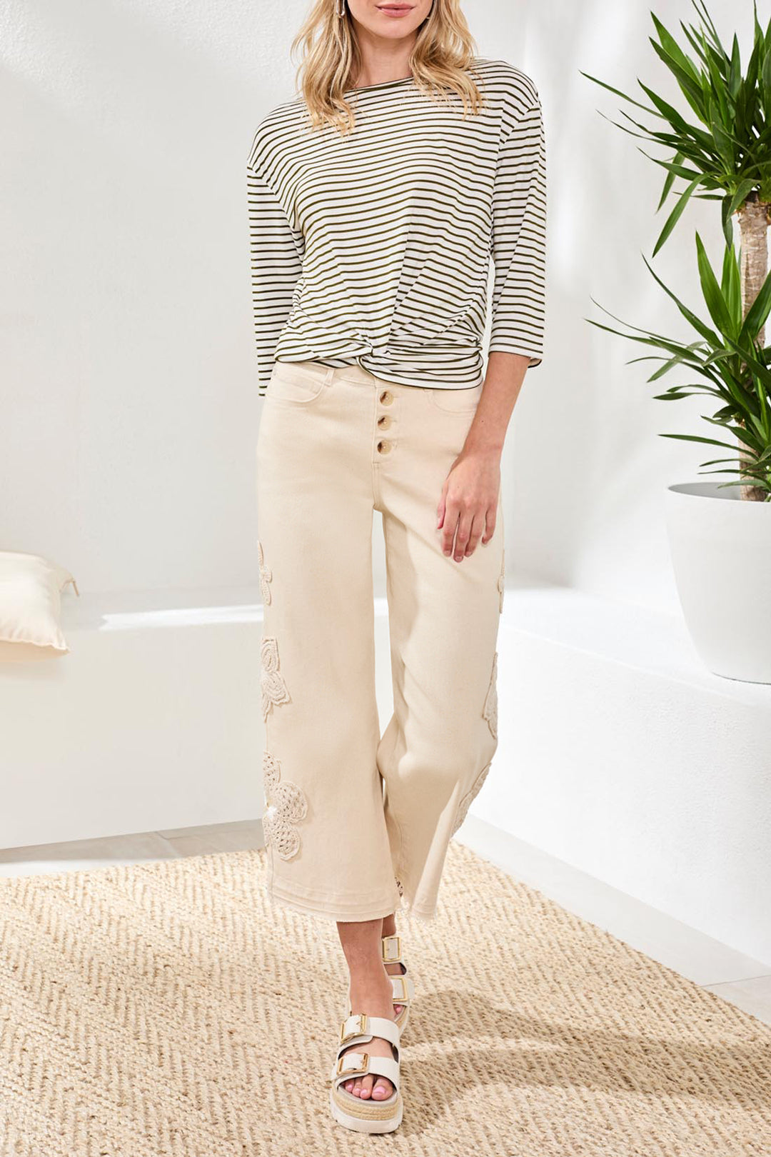 Tribal Boat Neck 3/4 Sleeve Top W/ Knot Detail - RainForest
