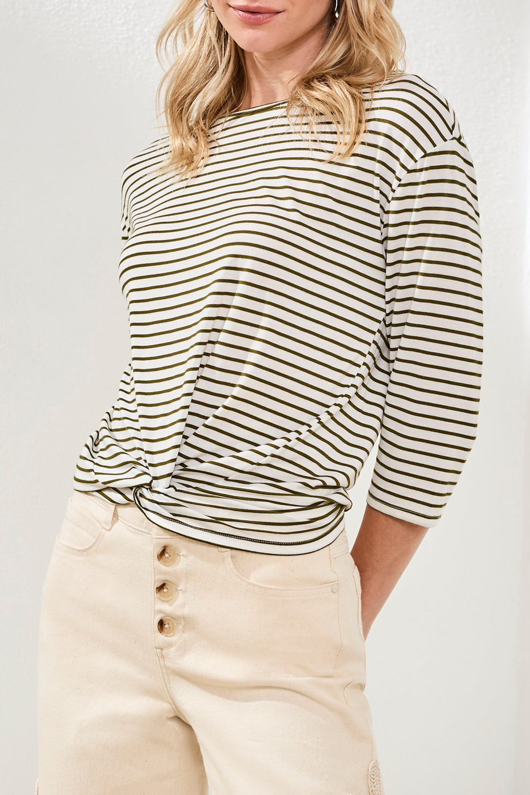 Tribal Boat Neck 3/4 Sleeve Top W/ Knot Detail - RainForest