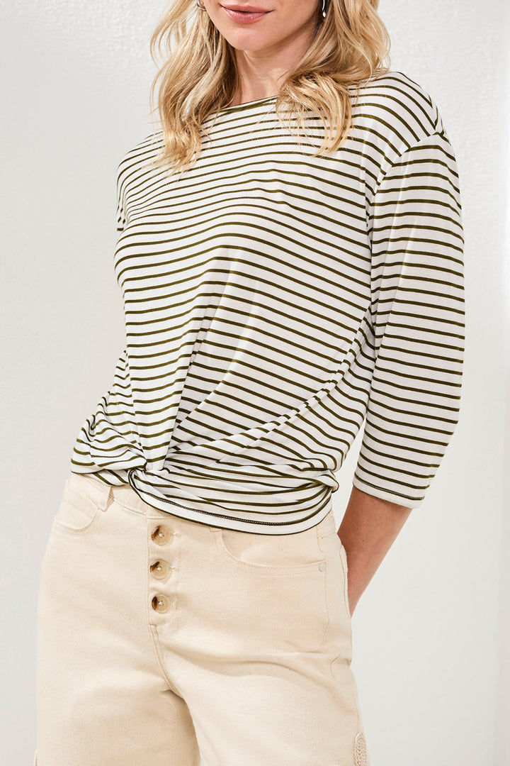 Tribal Boat Neck 3/4 Sleeve Top W/ Knot Detail - RainForest