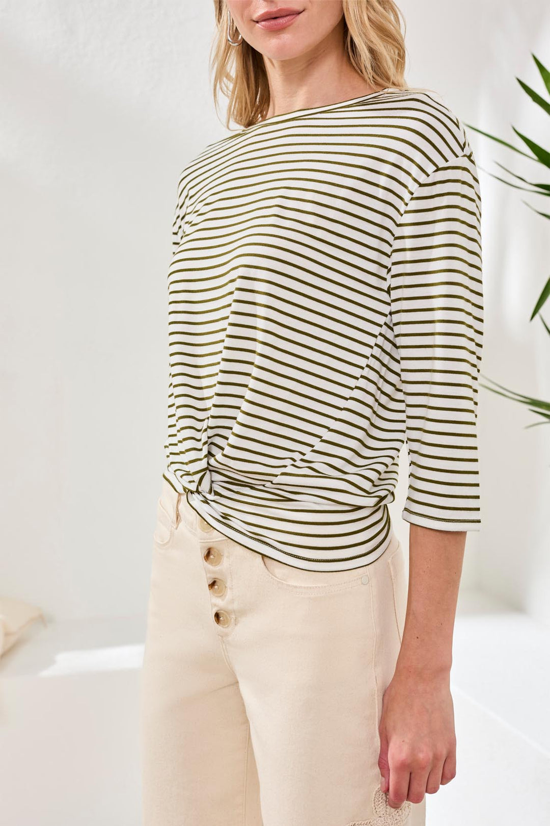 Tribal Boat Neck 3/4 Sleeve Top W/ Knot Detail - RainForest