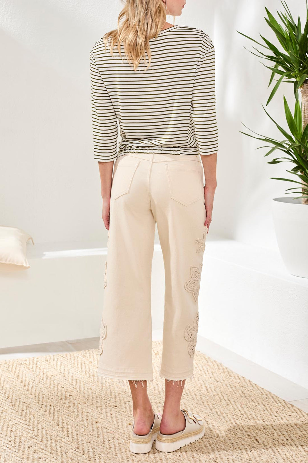 Tribal Boat Neck 3/4 Sleeve Top W/ Knot Detail - RainForest
