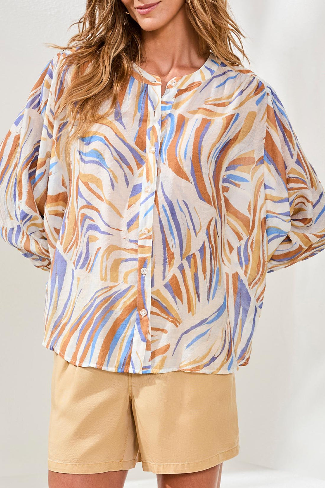 Tribal Flowy Dolman Sleeve Blouse With Self-Covering Buttons - Marina