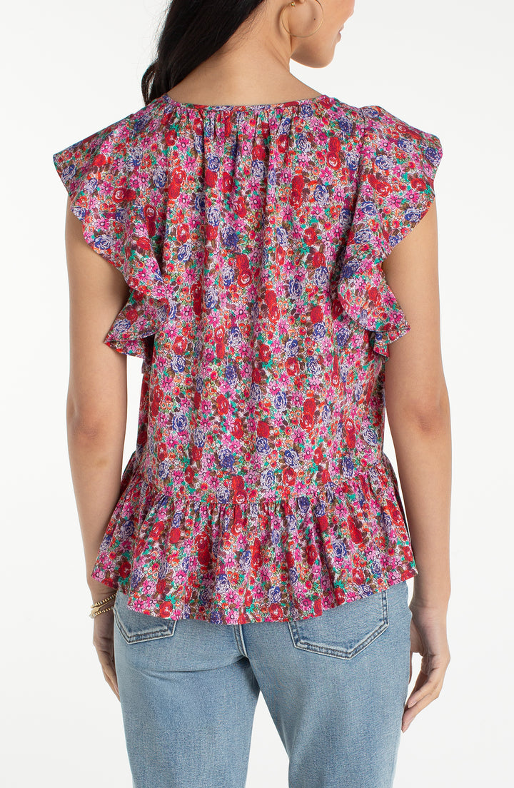 Liverpool Flutter Sleeve Peplum Woven Top W/ Ties Pink Multi Floral