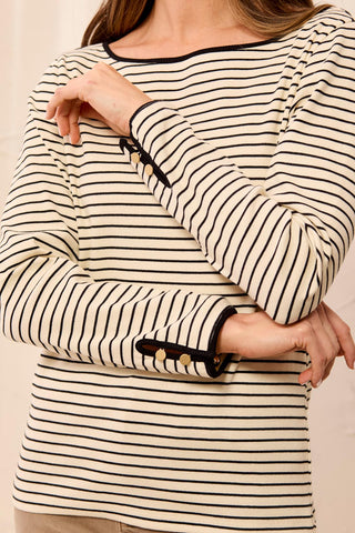 Tribal Striped Boat Neck Long Sleeve Knit Top With Button Cuffs Black