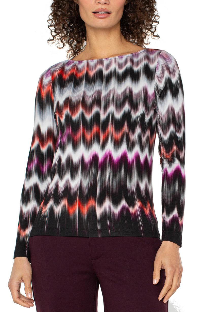 Liverpool Long Sleeve Boat Neck Knit Top - Multi Wavy Stripe