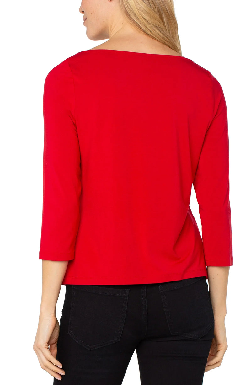 Liverpool 3/4 Sleeve Draped Neck Top - Tango Red