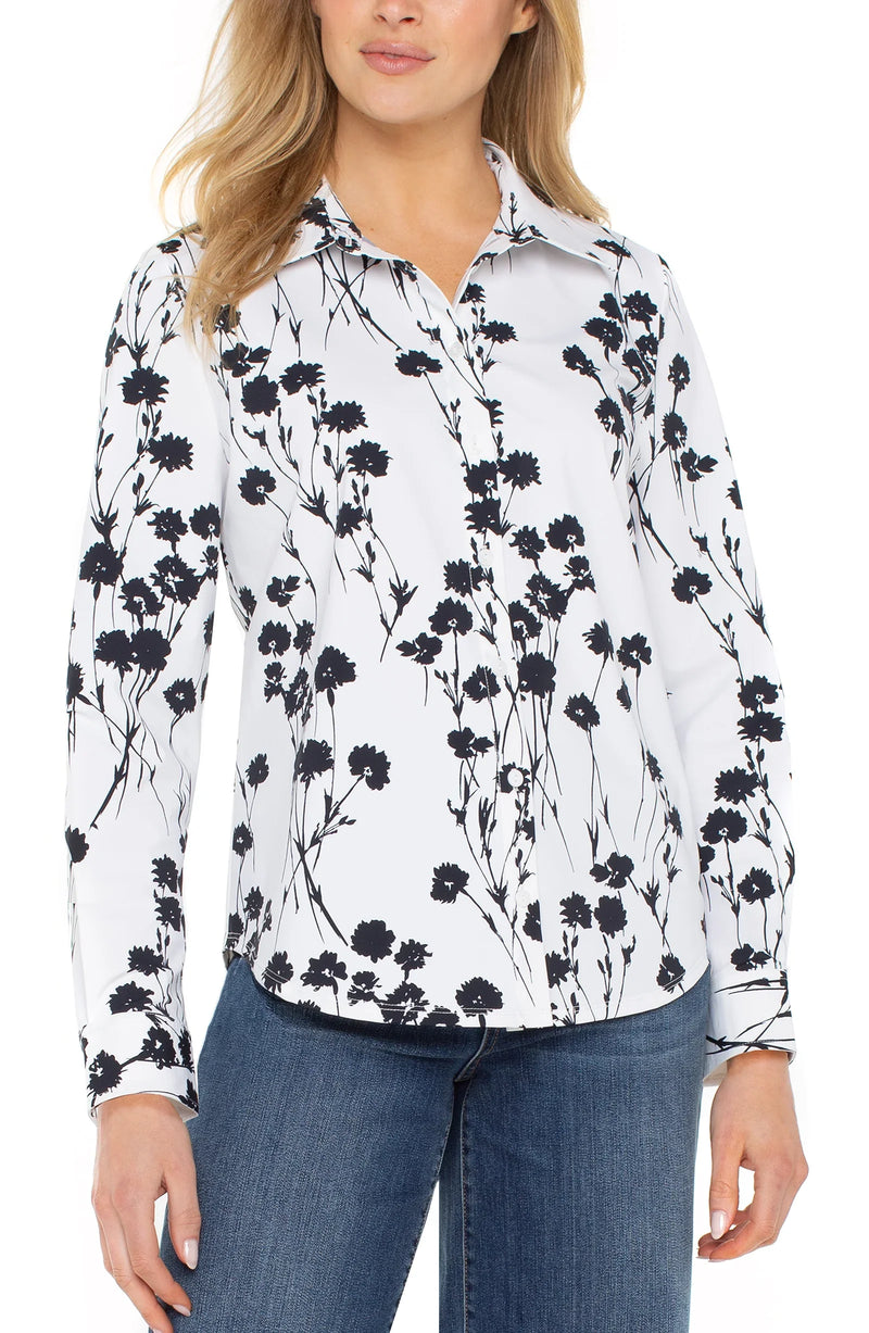 Liverpool Long Sleeve Button Front Shirt - White Black Blooms