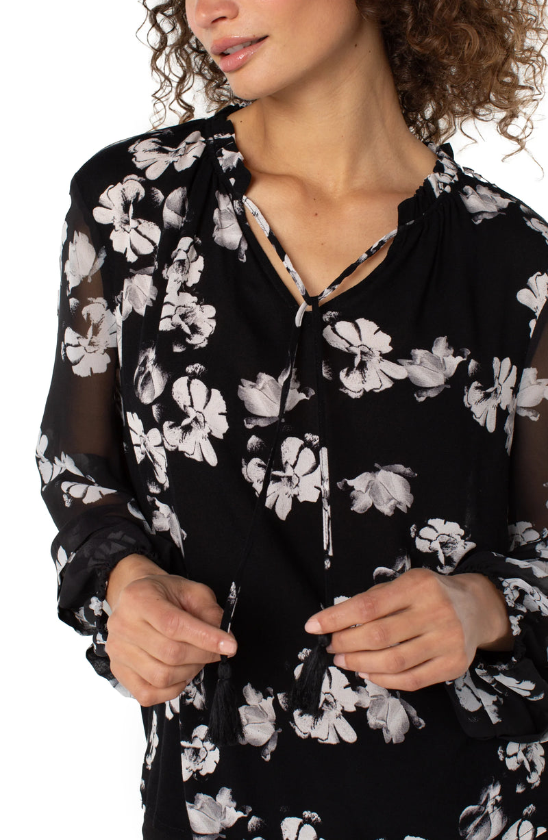 Liverpool Long Sleeve Popover Shirred Woven Blouse - Black White Floral