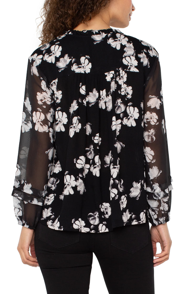 Liverpool Long Sleeve Popover Shirred Woven Blouse - Black White Floral