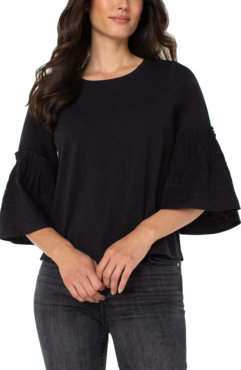 Liverpool 3/4 Sleeve Embroidered Sleeve Knit Woven Top - Black