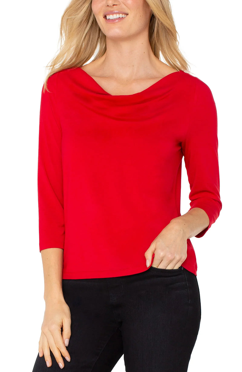 Liverpool 3/4 Sleeve Draped Neck Top - Tango Red