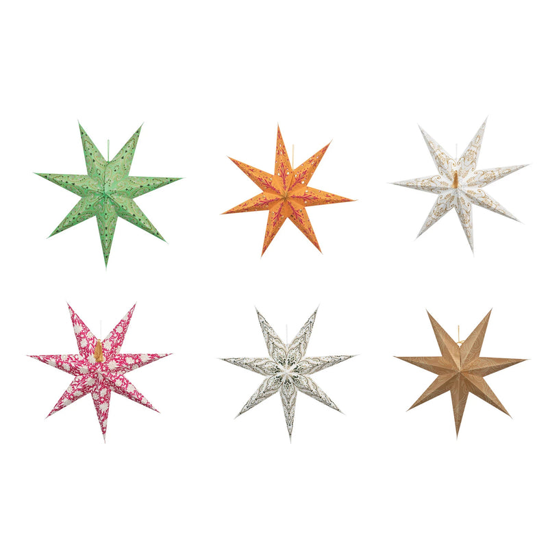 FINAL SALE 24"H Folding 7-Point Recycled Paper Star Ornament w/ LED Light, 6 Styles