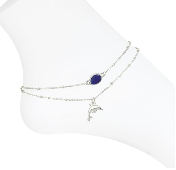 Periwinkle Anklet- Dolphin With Blue Sea Glass