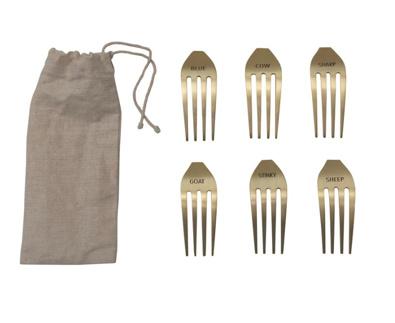 Stainless Steel Fork Cheese Markers, Gold Finish, Set of 6 in Drawstring Bag